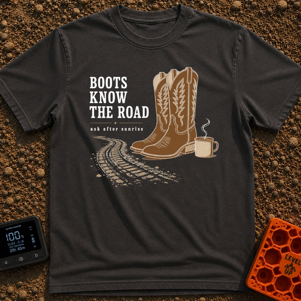 Boots Know Best - T-Shirt in Graphite - A pair of decorated brown western boots standing next to a steaming camp mug,...