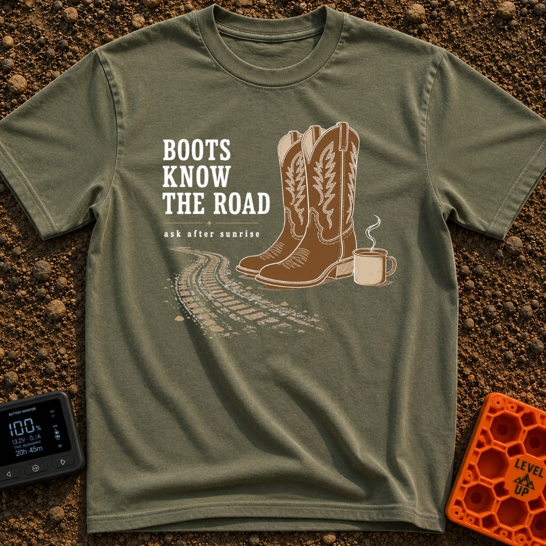 Boots Know Best - T-Shirt in Moss - A pair of decorated brown western boots standing next to a steaming camp mug, with...