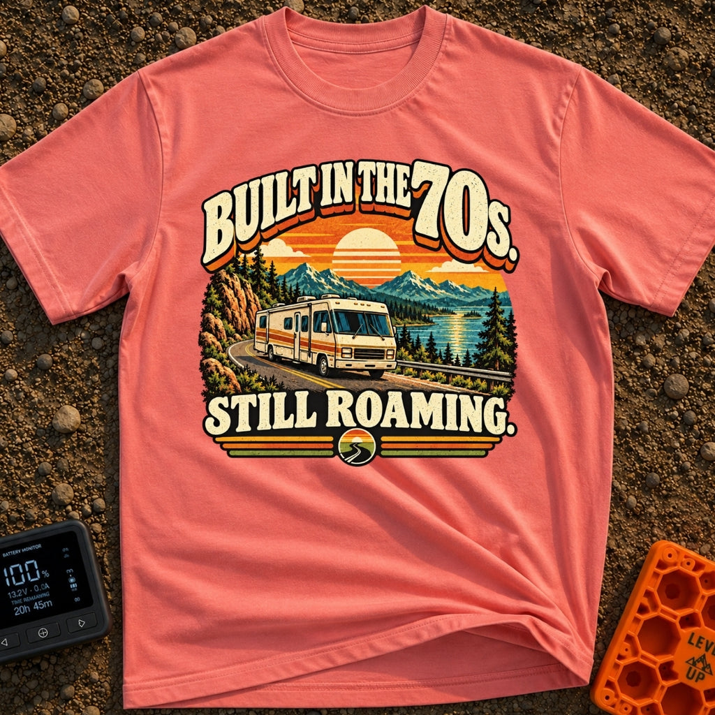 Born In A Barn - T-Shirt in Watermelon - A retro-style illustration of a vintage Class A motorhome driving along a...