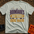 Boundaries Batteries Dog Hair - T-Shirt in Bay - A typographic design featuring the stacked text "BOUNDARIES BATTERIES &...