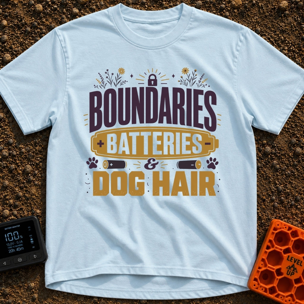 Boundaries Batteries Dog Hair - T-Shirt in Chambray - A typographic design featuring the stacked text "BOUNDARIES...