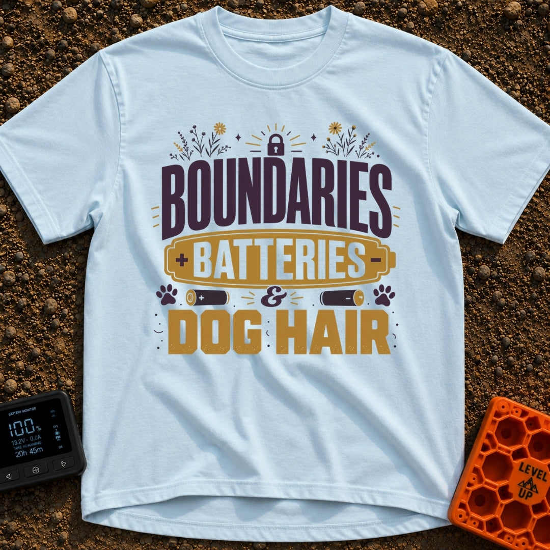 Boundaries Batteries Dog Hair - T-Shirt in Chambray - A typographic design featuring the stacked text "BOUNDARIES...