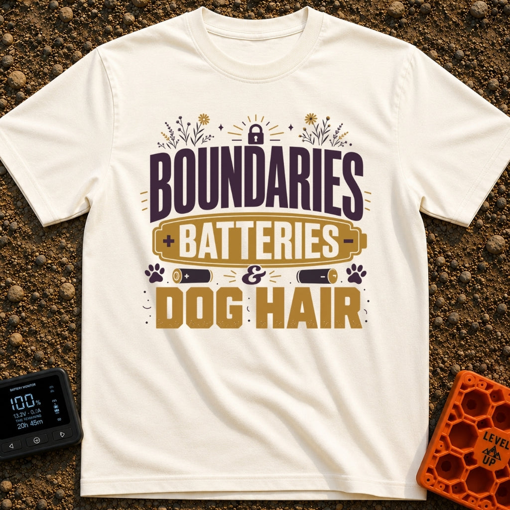 Boundaries Batteries Dog Hair - T-Shirt in Ivory - A typographic design featuring the stacked text "BOUNDARIES BATTERIES...