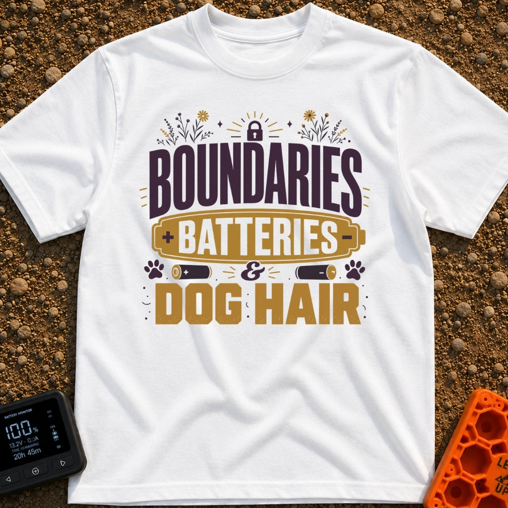 Boundaries Batteries Dog Hair - T-Shirt in White - A typographic design featuring the stacked text "BOUNDARIES BATTERIES...