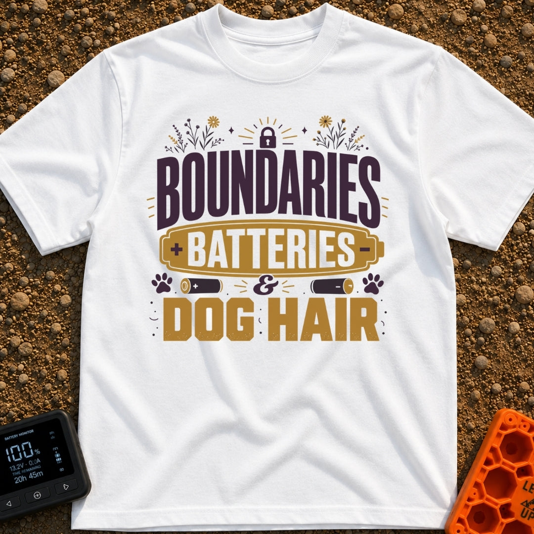 Boundaries Batteries Dog Hair - T-Shirt in White - A typographic design featuring the stacked text "BOUNDARIES BATTERIES...