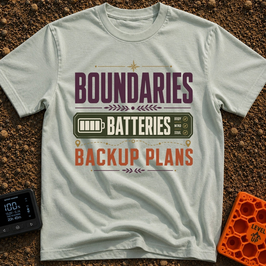 Boundaries And Batteries - T-Shirt in Bay - A typographic design featuring the stacked words 'BOUNDARIES', 'BATTERIES',...