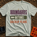 Boundaries And Batteries - T-Shirt in Bay - A typographic design featuring the stacked words 'BOUNDARIES', 'BATTERIES',...