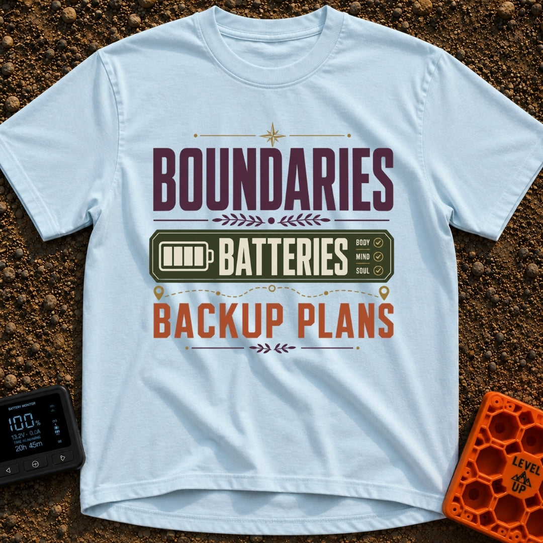 Boundaries And Batteries - T-Shirt in Chambray - A typographic design featuring the stacked words 'BOUNDARIES',...