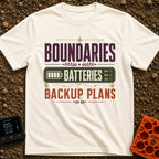 Boundaries And Batteries - T-Shirt in Ivory - A typographic design featuring the stacked words 'BOUNDARIES', 'BATTERIES',...
