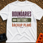 Boundaries And Batteries - T-Shirt in White - A typographic design featuring the stacked words 'BOUNDARIES', 'BATTERIES',...