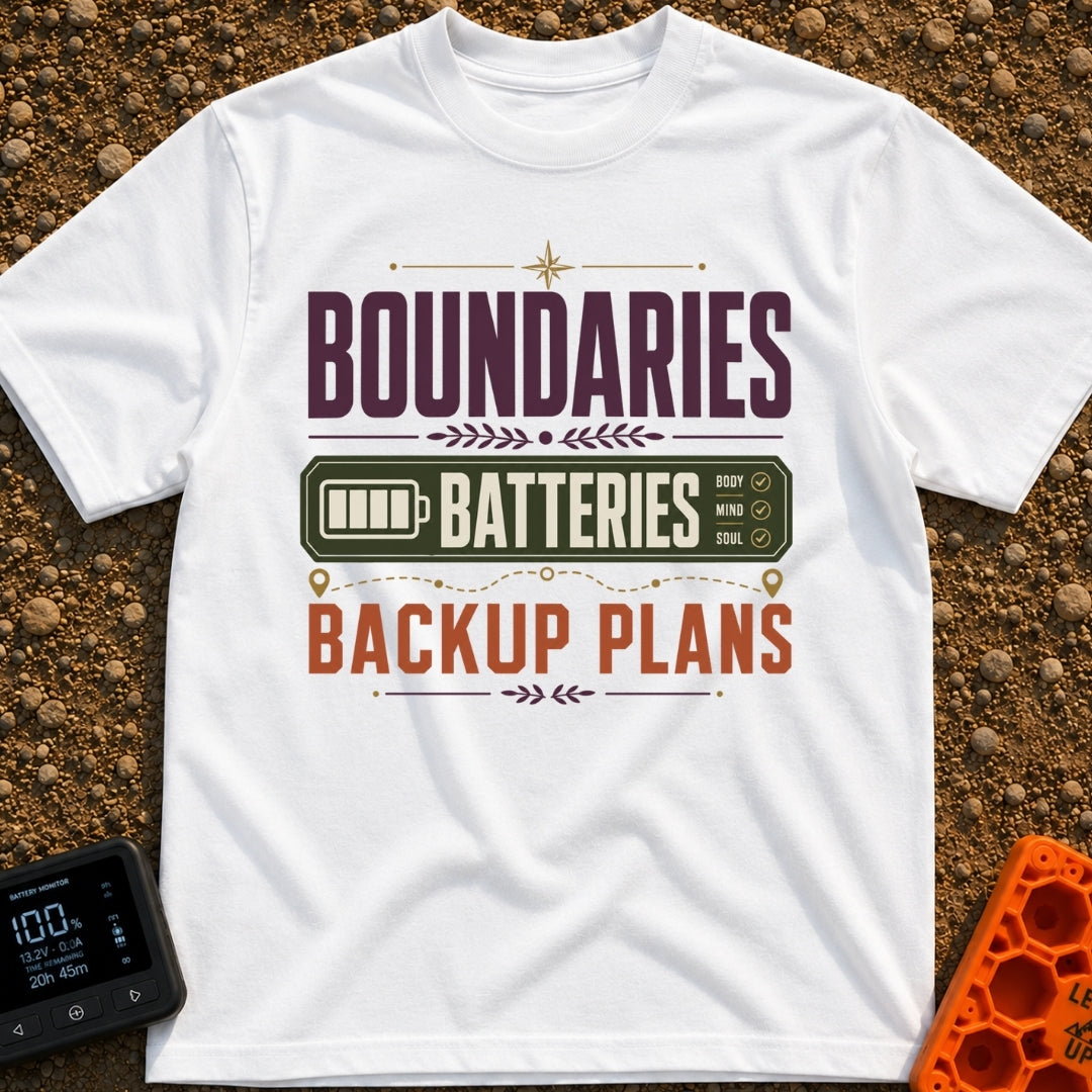 Boundaries And Batteries - T-Shirt in White - A typographic design featuring the stacked words 'BOUNDARIES', 'BATTERIES',...