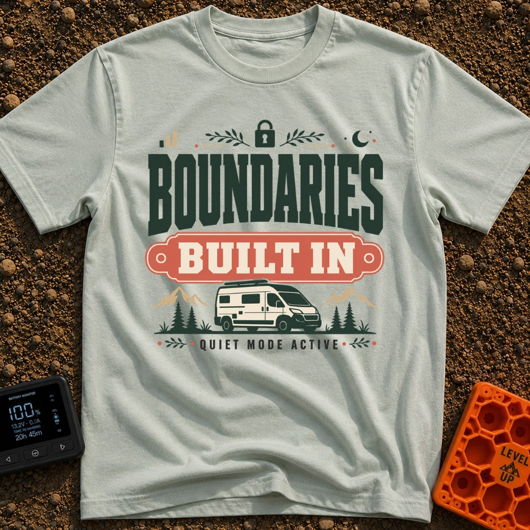 Boundaries Built In - T-Shirt in Bay - A camper van is parked in front of mountains and pine trees with the text...
