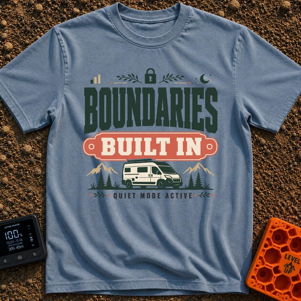 Boundaries Built In - T-Shirt in Blue Jean - A camper van is parked in front of mountains and pine trees with the text...