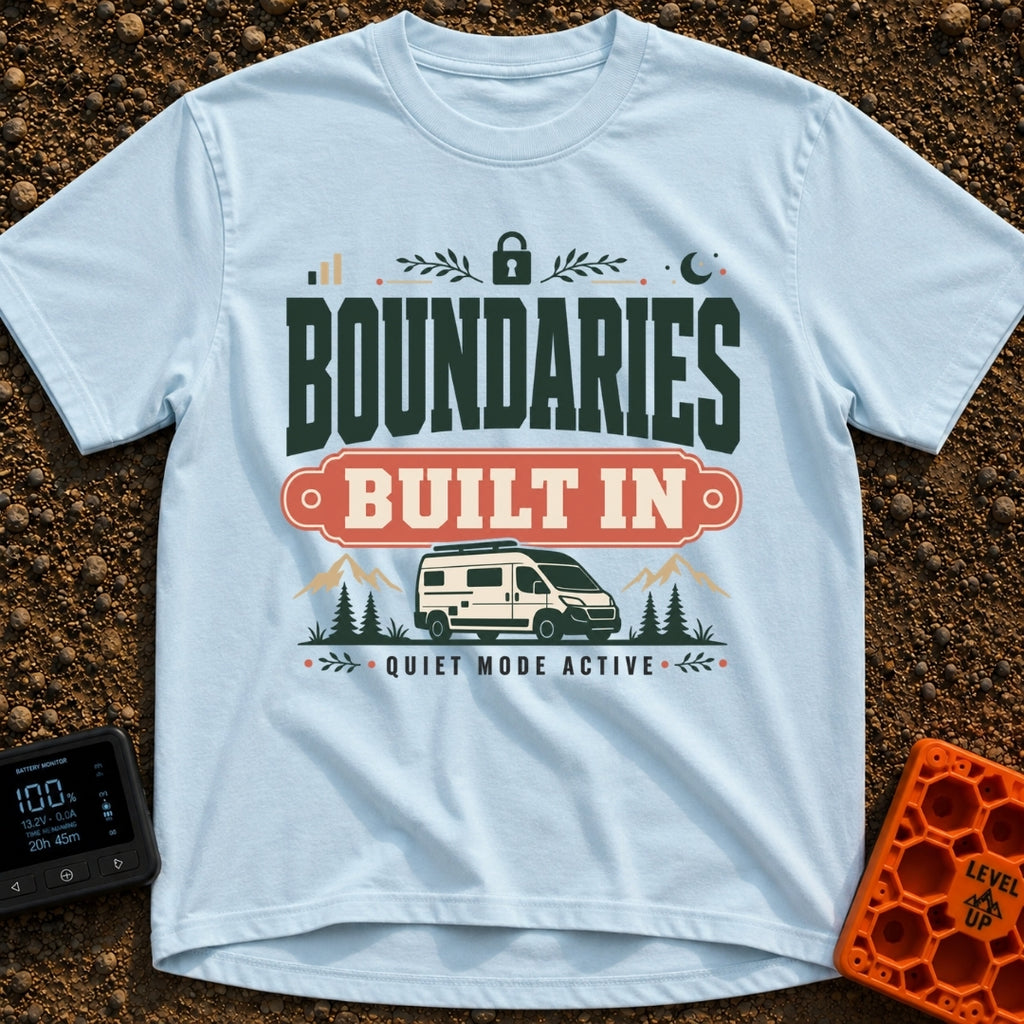 Boundaries Built In - T-Shirt in Chambray - A camper van is parked in front of mountains and pine trees with the text...