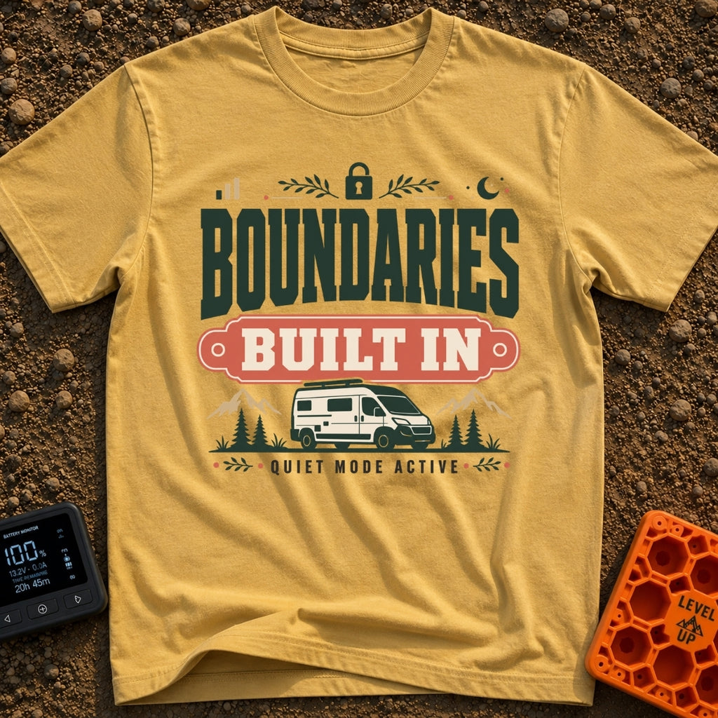 Boundaries Built In - T-Shirt in Mustard - A camper van is parked in front of mountains and pine trees with the text...