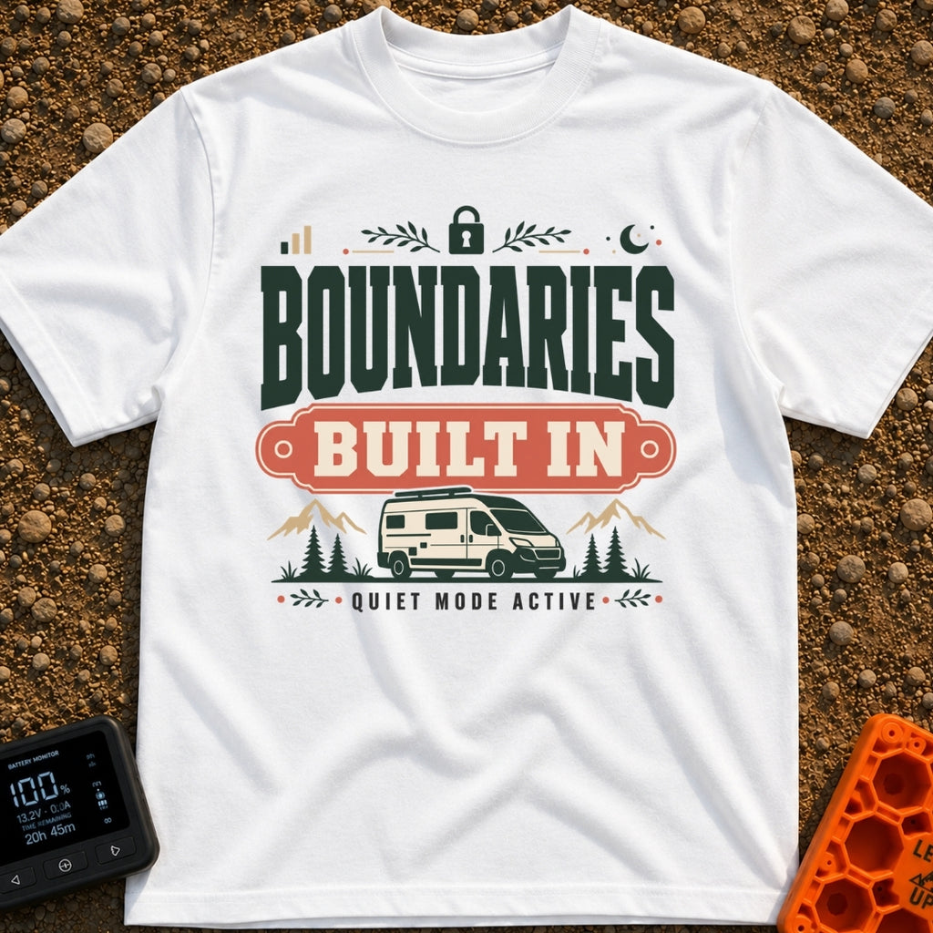 Boundaries Built In - T-Shirt in White - A camper van is parked in front of mountains and pine trees with the text...