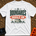 Boundaries Built In - T-Shirt in White - A camper van is parked in front of mountains and pine trees with the text...