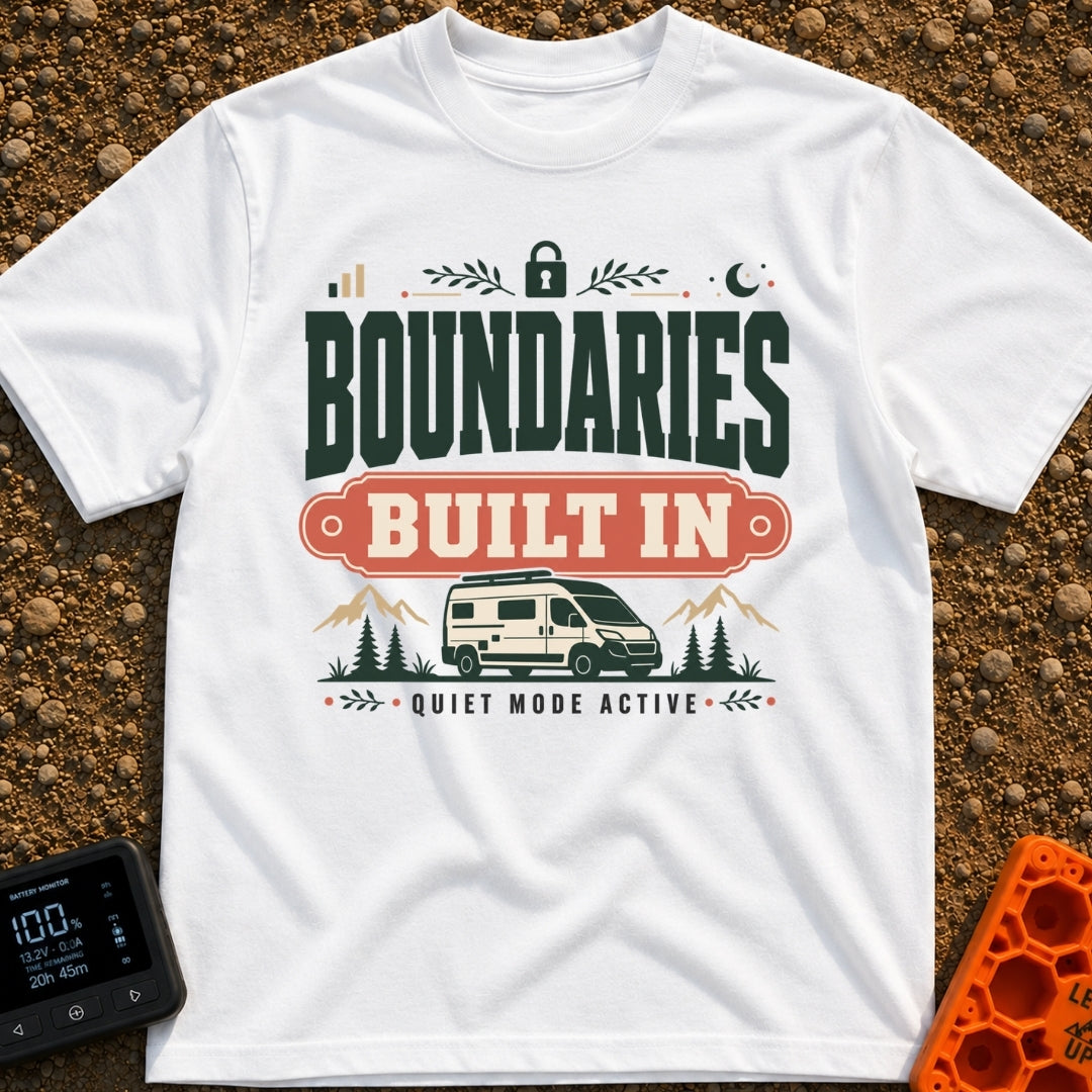 Boundaries Built In - T-Shirt in White - A camper van is parked in front of mountains and pine trees with the text...