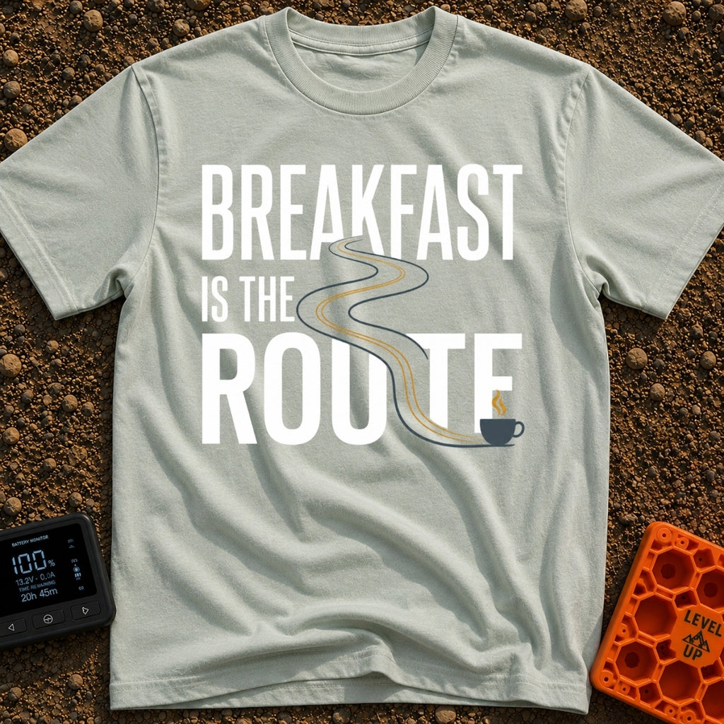 Route To Breakfast - T-Shirt in Bay - A minimalist illustration of a winding two-lane road with double yellow lines that...