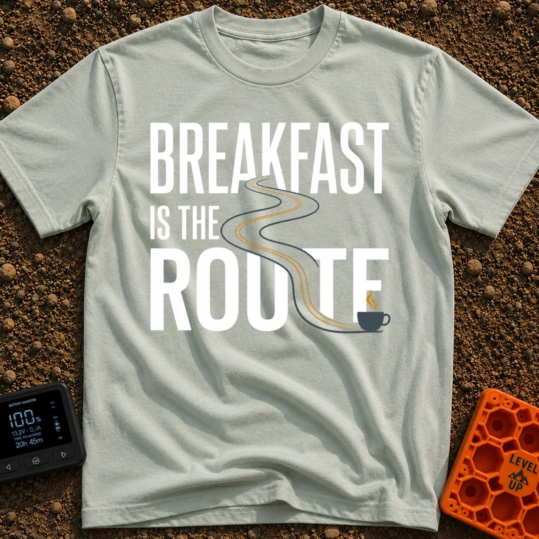 Route To Breakfast - T-Shirt in Bay - A minimalist illustration of a winding two-lane road with double yellow lines that...
