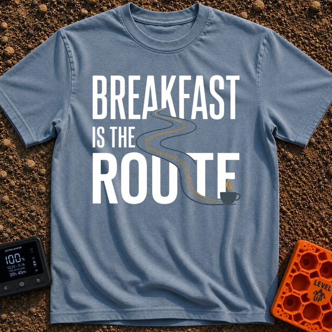 Route To Breakfast - T-Shirt in Blue Jean - A minimalist illustration of a winding two-lane road with double yellow lines...