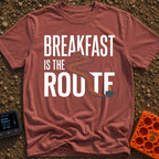 Route To Breakfast - T-Shirt in Brick - A minimalist illustration of a winding two-lane road with double yellow lines...