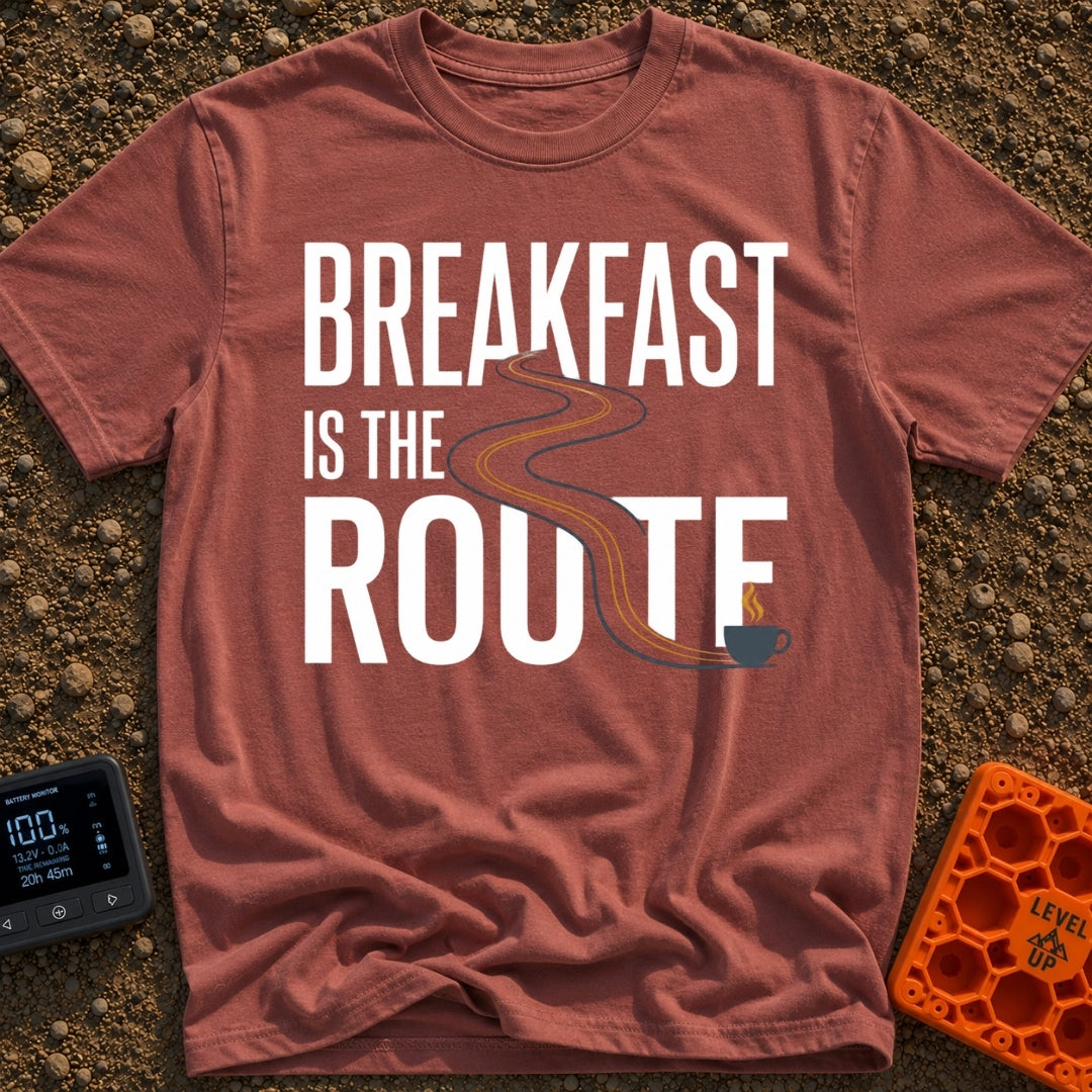 Route To Breakfast - T-Shirt in Brick - A minimalist illustration of a winding two-lane road with double yellow lines...