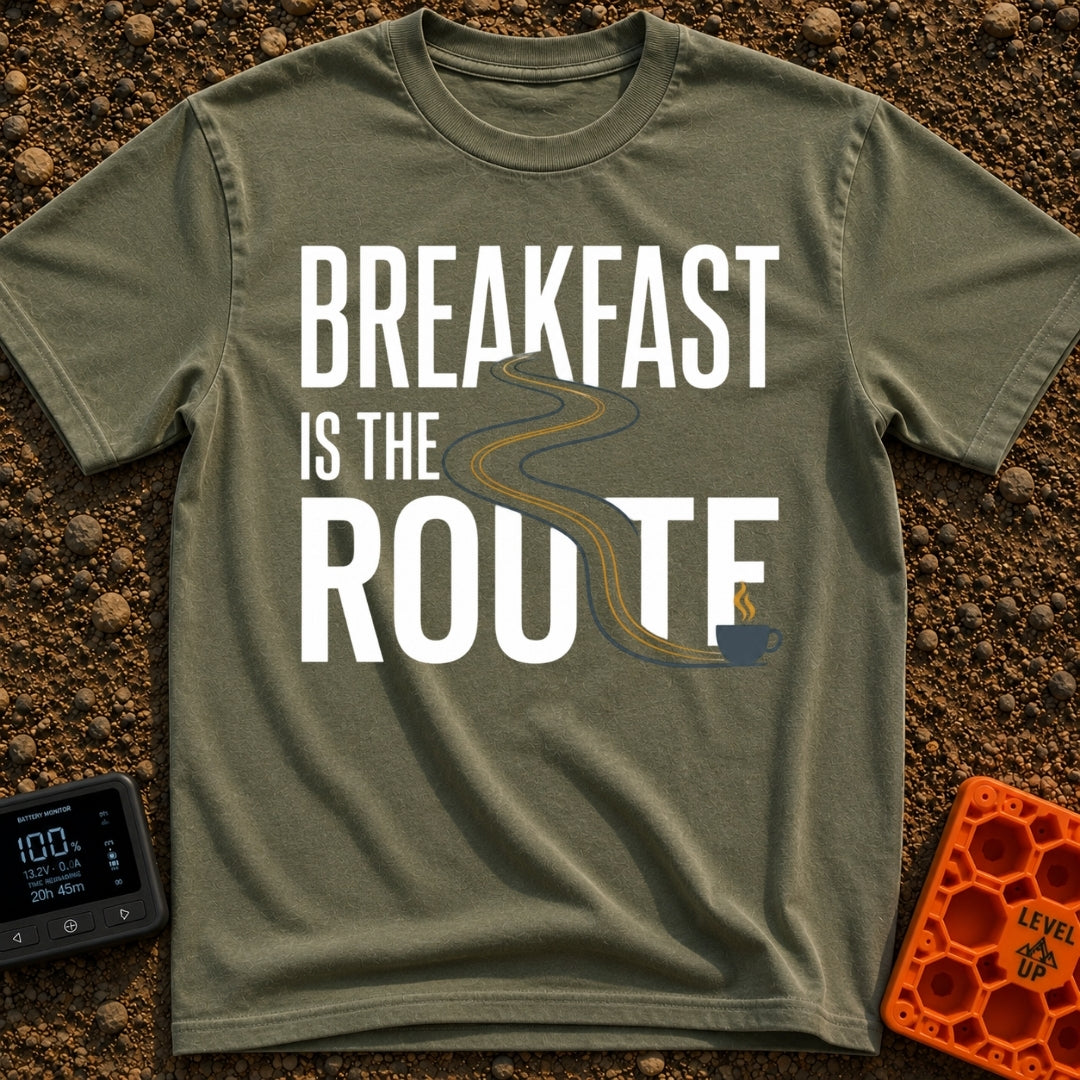 Route To Breakfast - T-Shirt in Moss - A minimalist illustration of a winding two-lane road with double yellow lines that...