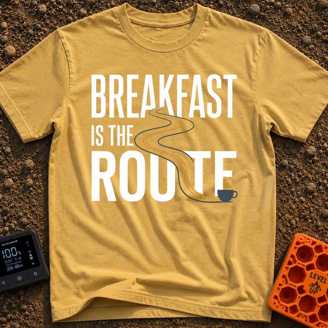 Route To Breakfast - T-Shirt in Mustard - A minimalist illustration of a winding two-lane road with double yellow lines...