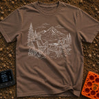 Squirrel's Breakfast Bargain - T-Shirt in Espresso - A line illustration of a man sitting in a camp chair holding a mug,...