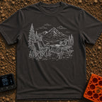 Squirrel's Breakfast Bargain - T-Shirt in Graphite - A line illustration of a man sitting in a camp chair holding a mug,...