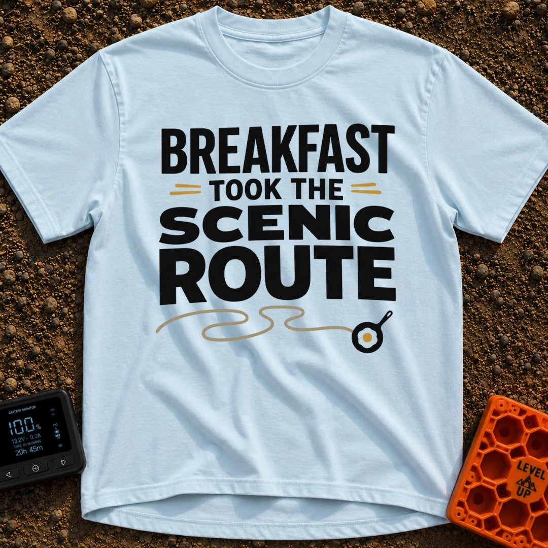 Breakfast Gone Scenic - T-Shirt in Chambray - Bold text reading "BREAKFAST TOOK THE SCENIC ROUTE" accompanied by a...