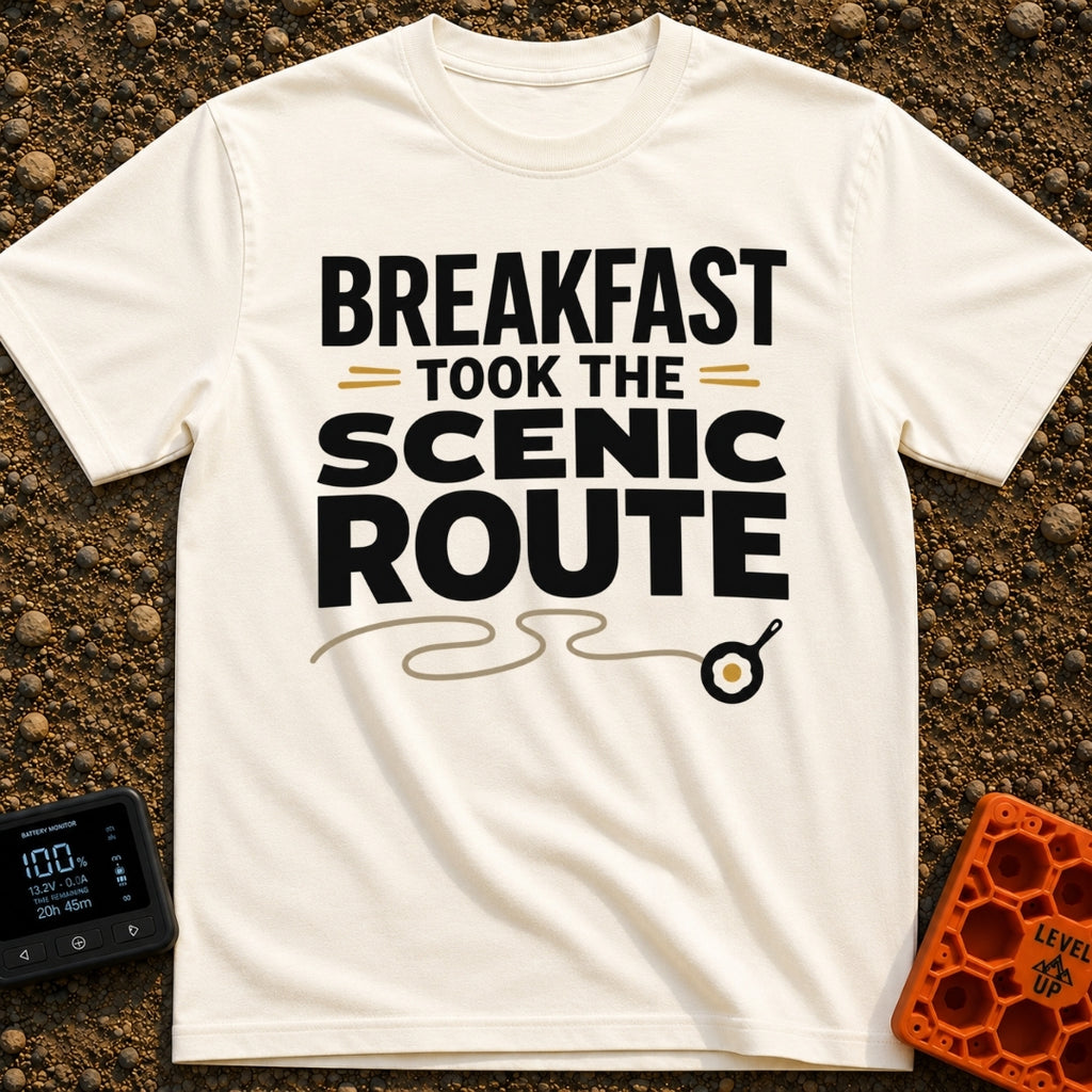 Breakfast Gone Scenic - T-Shirt in Ivory - Bold text reading "BREAKFAST TOOK THE SCENIC ROUTE" accompanied by a winding...