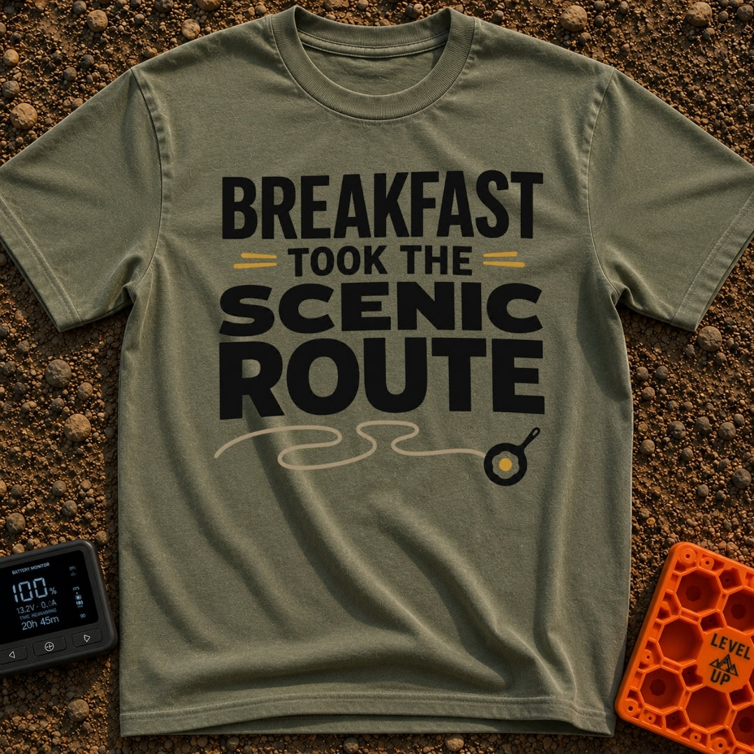 Breakfast Gone Scenic - T-Shirt in Moss - Bold text reading "BREAKFAST TOOK THE SCENIC ROUTE" accompanied by a winding...