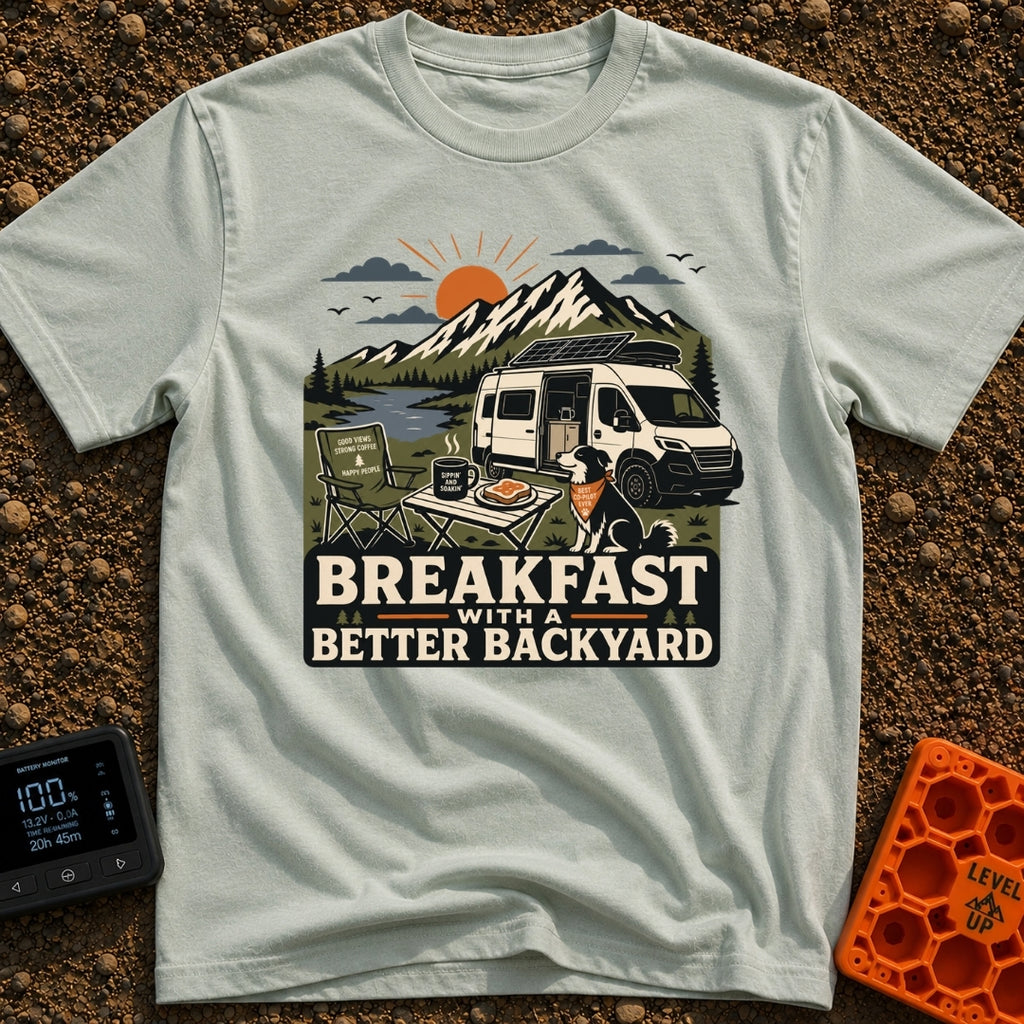 Better Backyard Breakfast - T-Shirt in Bay - An illustration of a white camper van with a roof-mounted solar panel parked...