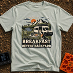 Better Backyard Breakfast - T-Shirt in Bay - An illustration of a white camper van with a roof-mounted solar panel parked...