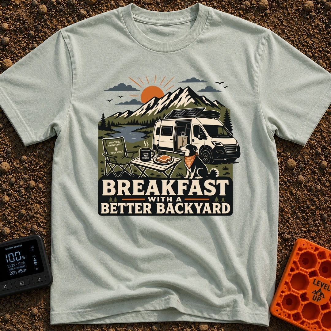 Better Backyard Breakfast - T-Shirt in Bay - An illustration of a white camper van with a roof-mounted solar panel parked...