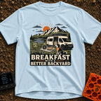 Better Backyard Breakfast - T-Shirt in Chambray - An illustration of a white camper van with a roof-mounted solar panel...