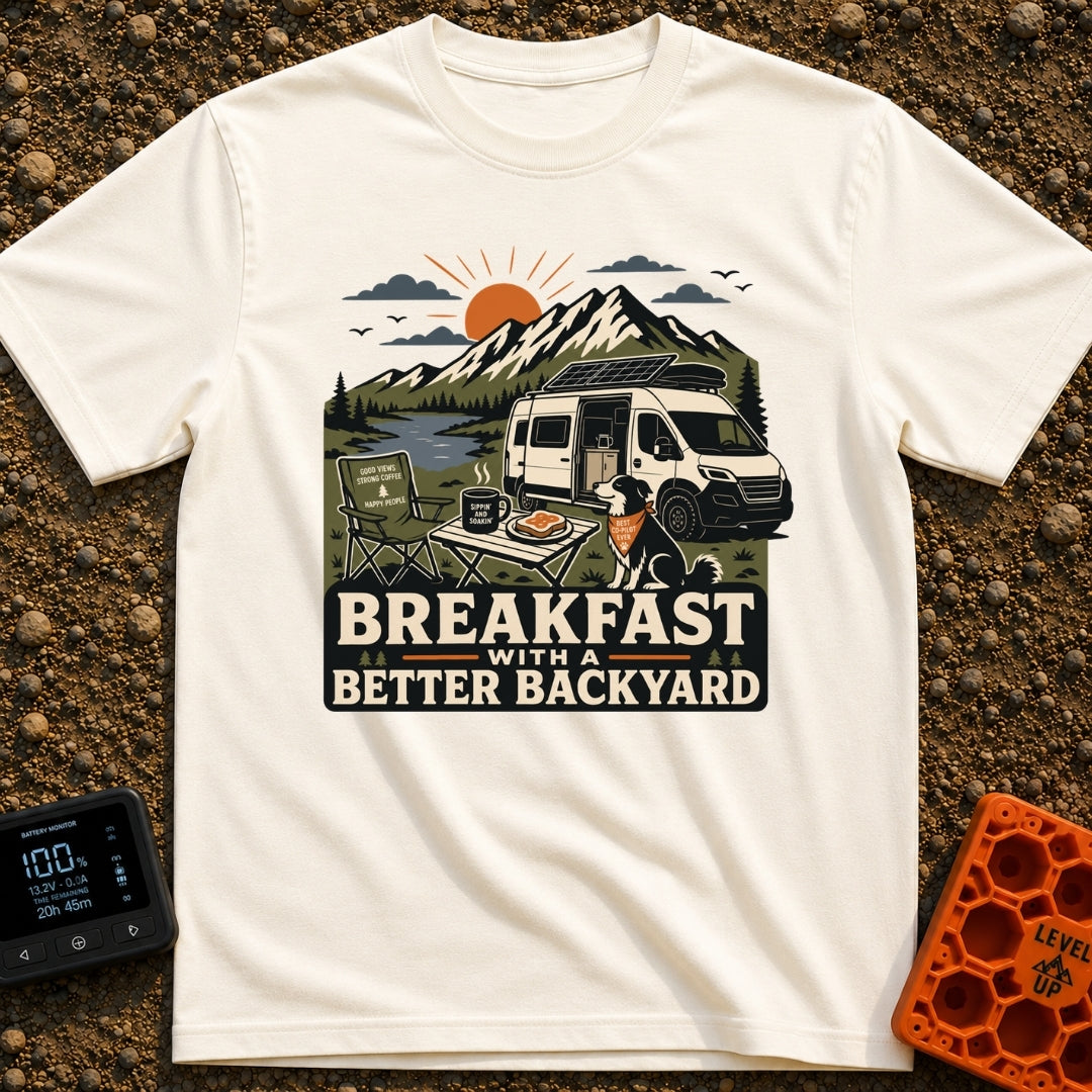 Better Backyard Breakfast - T-Shirt in Ivory - An illustration of a white camper van with a roof-mounted solar panel...