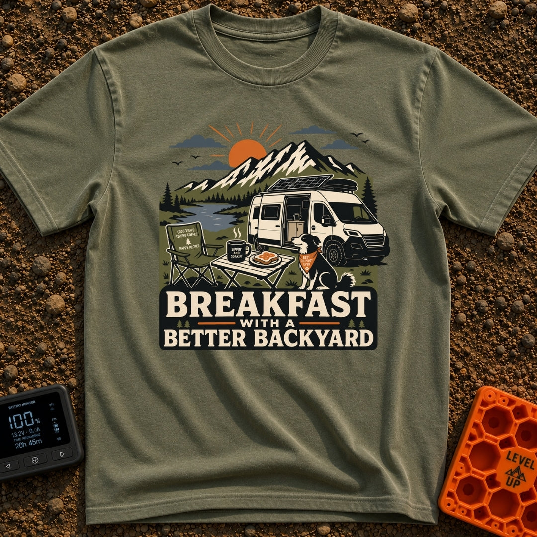Better Backyard Breakfast - T-Shirt in Moss - An illustration of a white camper van with a roof-mounted solar panel...