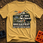 Better Backyard Breakfast - T-Shirt in Mustard - An illustration of a white camper van with a roof-mounted solar panel...
