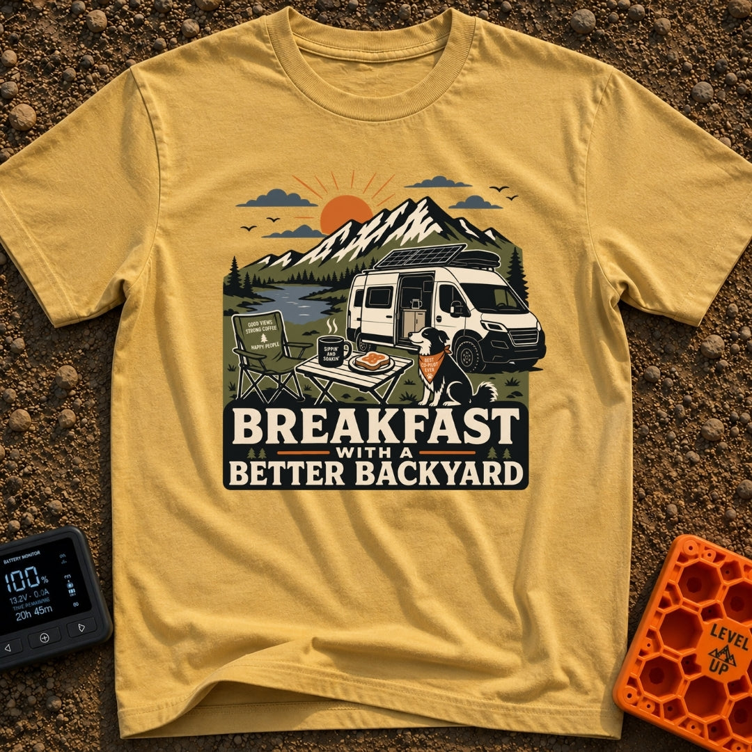 Better Backyard Breakfast - T-Shirt in Mustard - An illustration of a white camper van with a roof-mounted solar panel...