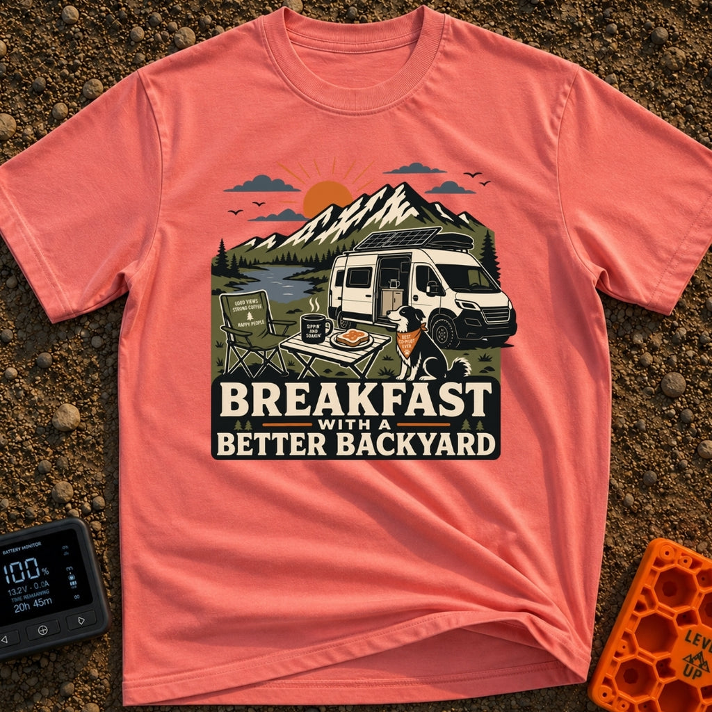 Better Backyard Breakfast - T-Shirt in Watermelon - An illustration of a white camper van with a roof-mounted solar panel...
