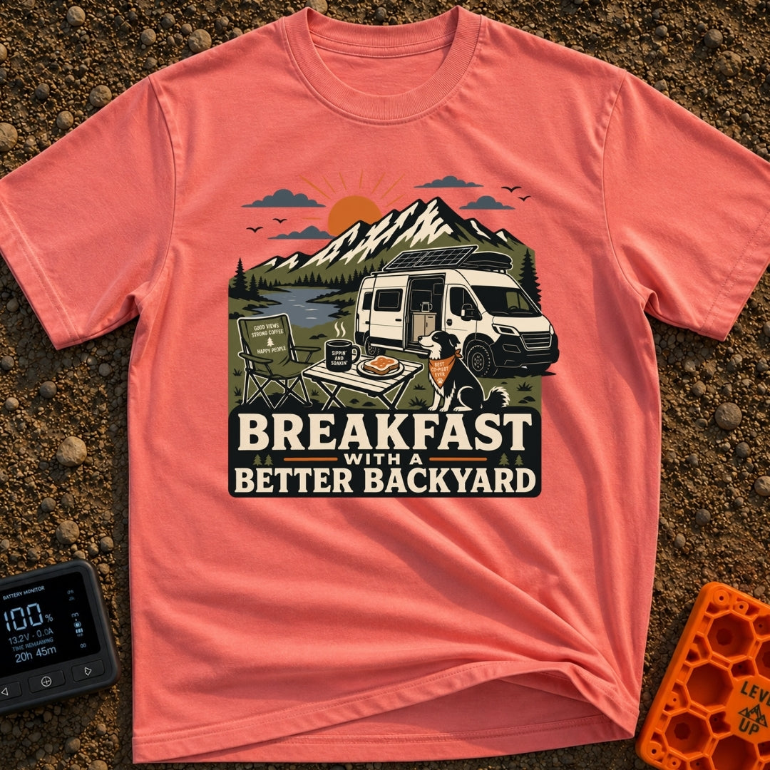 Better Backyard Breakfast - T-Shirt in Watermelon - An illustration of a white camper van with a roof-mounted solar panel...