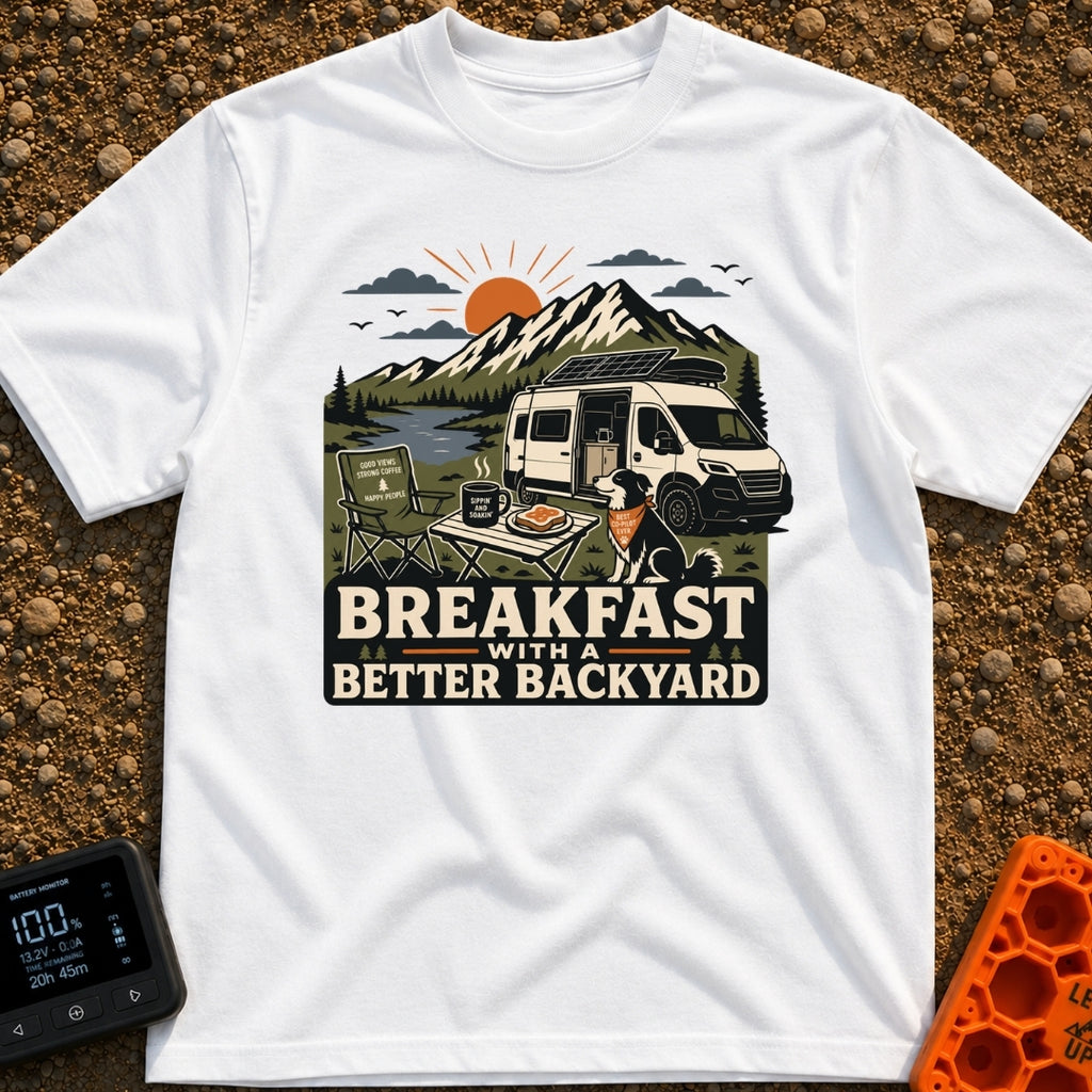 Better Backyard Breakfast - T-Shirt in White - An illustration of a white camper van with a roof-mounted solar panel...