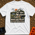 Better Backyard Breakfast - T-Shirt in White - An illustration of a white camper van with a roof-mounted solar panel...