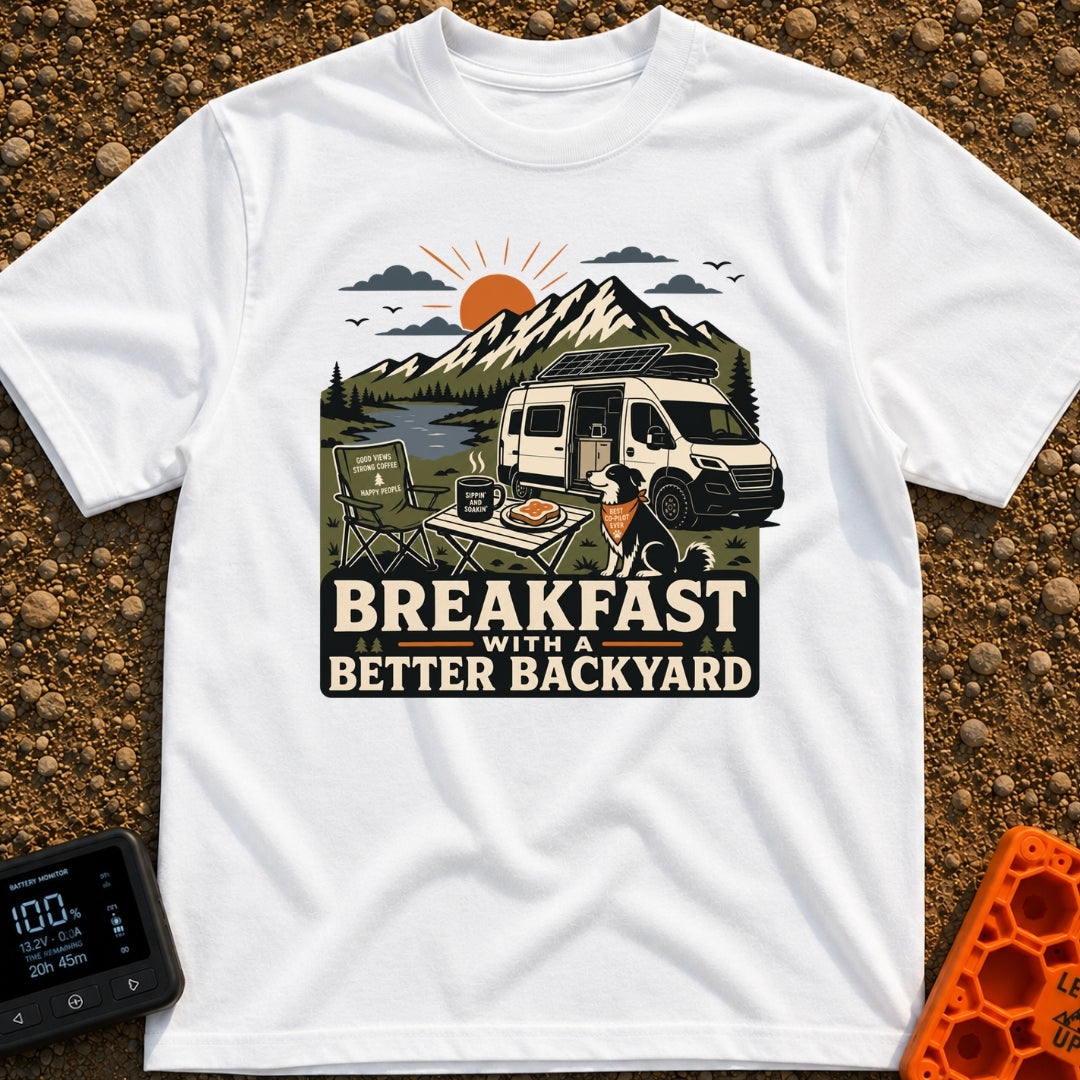Better Backyard Breakfast - T-Shirt in White - An illustration of a white camper van with a roof-mounted solar panel...