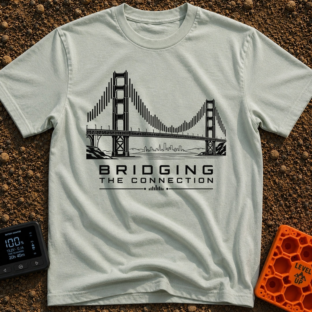 Bridging The Bars - T-Shirt in Bay - A black and white illustration of a suspension bridge where the vertical cables are...