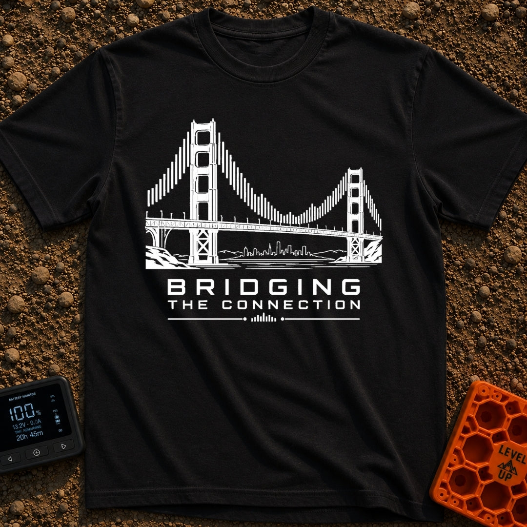 Bridging The Bars - T-Shirt in Black - A black and white illustration of a suspension bridge where the vertical cables...