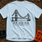 Bridging The Bars - T-Shirt in Chambray - A black and white illustration of a suspension bridge where the vertical cables...